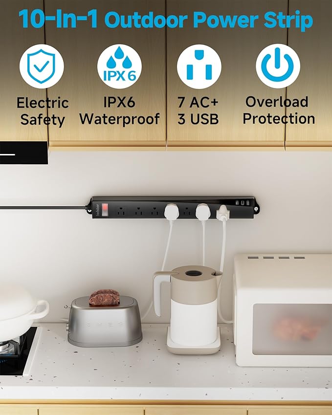 Outdoor Power Strip Weatherproof IPX6,1625W/13A 10 Ft Extension Cord with Multiple Outlets,7 AC & 3 USB, Wall Mount for Camping,Poolside,Garden,Workshop