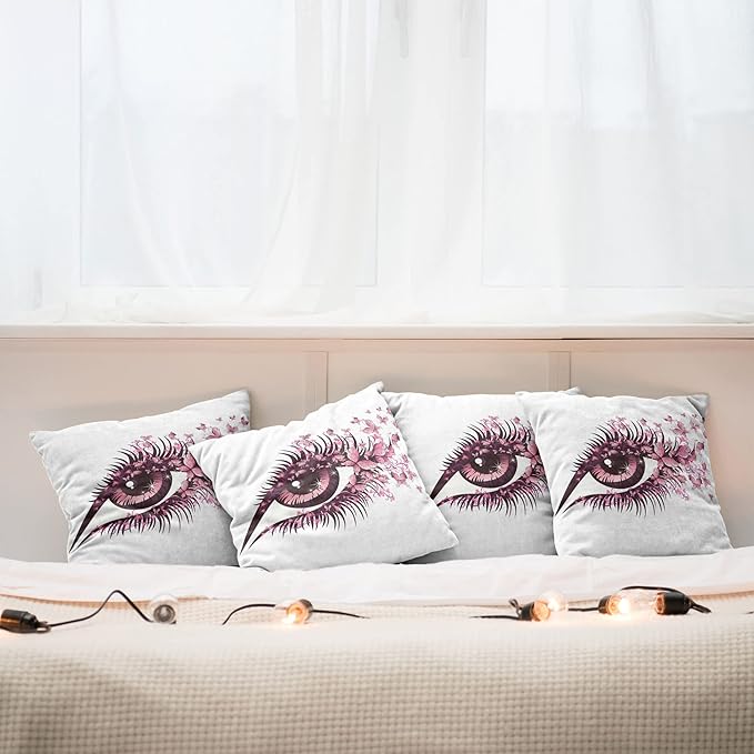 Ambesonne Butterflies Throw Pillow Cushion Case Pack of 4, Female Eye Eyelashes Mascara Stare Party Makeup Animal Print, Modern Accent Double-Sided Digital Printing, 24", Pink White