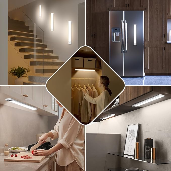 Brightever Under Cabinet Lights, 14inch Rechargeable Battery Operated Motion Sensor Lights Indoor, 3200mAh Wireless Magnetic Dimmable Under Closet Counter Night Lights for Kitchen Stair, 3 Packs