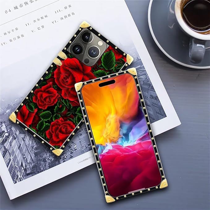 Compatible with iPhone 15 Pro Max Case, Vector Red Rose Green Leaf Luxury Golden Decoration for Girl Women Soft TPU Shockproof Protective Hard PC Back for iPhone 15 Pro Max