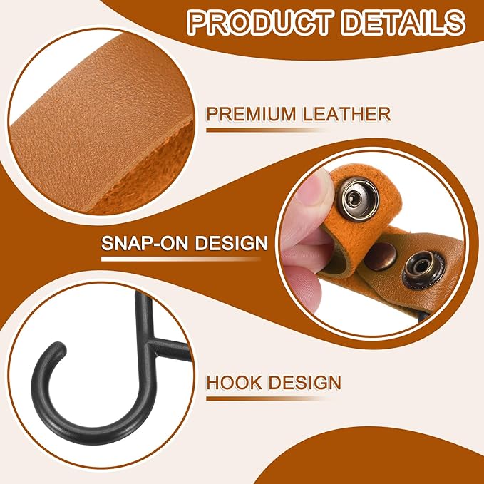 uxcell 5pcs PU Leather Hooks, S-Shape Hooks for Outdoor Camping Hanging Pots Pans Utensils, Light Brown