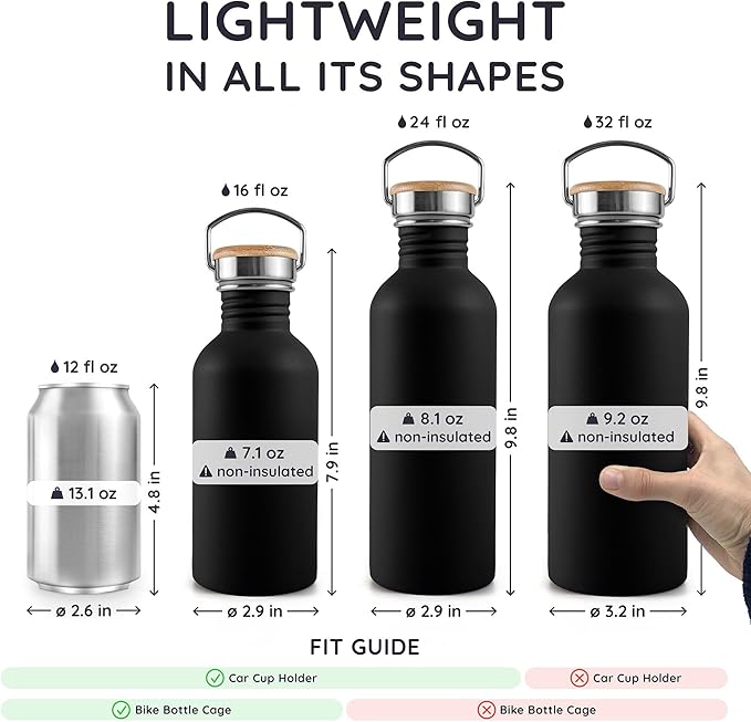 Bambaw Metal Water Bottle 24 oz, Non-insulated Black Water Bottle Metal, Single Walled Stainless Steel Water Bottle, Reusable Water Bottle, Portable & BPA Free Water Bottle – Jet Black