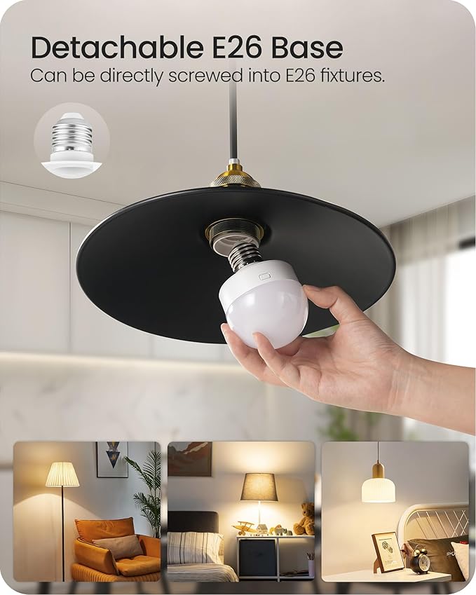 Rechargeable Light Bulbs with Remote Control 4 Packs, Battery Operated Light Bulbs with Timer & 3 Color Temperature, Dimmable Detachable Wireless LED Bulb for Lamp, Non-Hardwired, W01YBP406