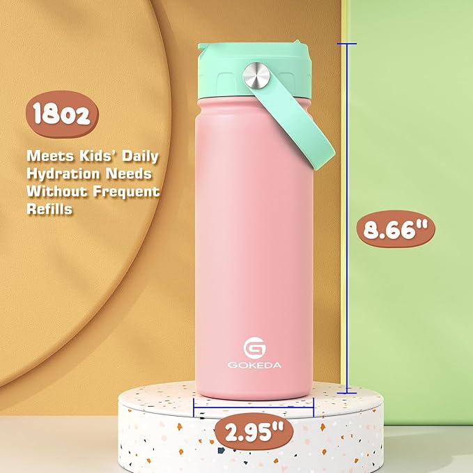 GoKEDA 18oz Kids Water Bottle, Insulated Water Bottles with Stickers, 18/8 Stainless Steel Vacuum Leak Proof Straw Cup for School, Gifts for Girls(Pink)