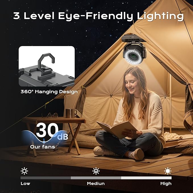 24000mAh Camping Fan, Portable Rechargeable Fan, Battery Powered Fan with LED Lantern & 120° Oscillation, Battery Operated Ventiladores for Travel, Tent, Fishing, Jobsite, Outdoor, Gifts for Men Dad