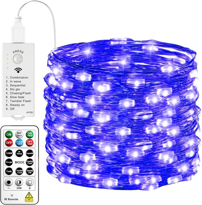 HXWEIYE Rechargeable Fairy Lights with Remote & DIY Timer, 33ft 100LED Battery Operated Twinkle String Lights, 8 Modes Decor Light for Bedroom Indoor Wedding Dorm Christmas Tree Party (Blue)