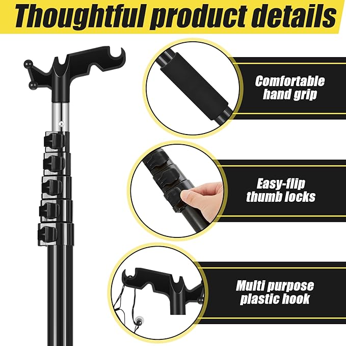 7-36 ft Telescopic Extension Pole with Utility Hook, Multi-Purpose Aluminum Pole for Painting, Dusting and New Year Window Cleaning Christmas Lights Installation Without a Ladder (Black)