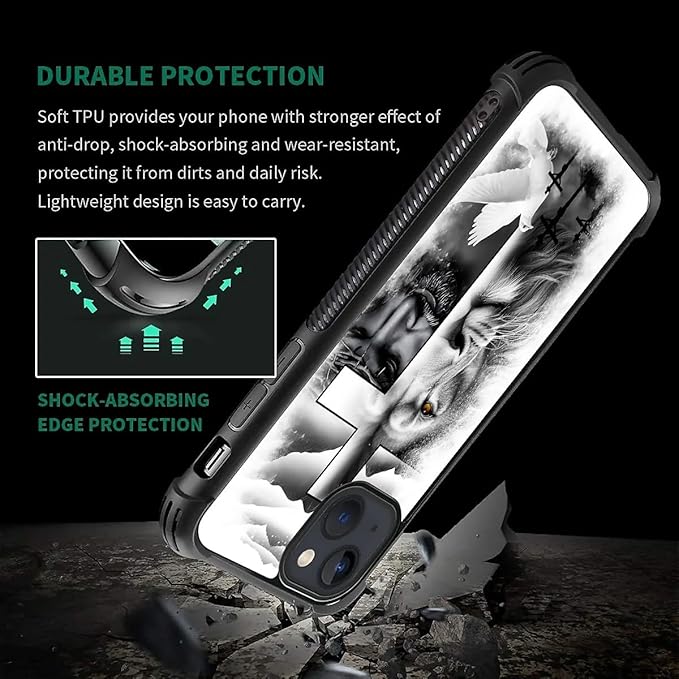 for iPhone 15 Plus Case, Lion Cross Jesus Christ Dove Pattern Made of Soft Silicone Hard Acrylic Shock Protection for iPhone 15 Plus