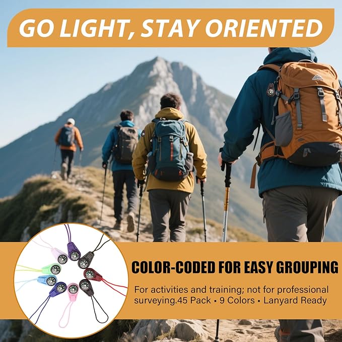 Button Compass Bulk Kit, 45 Pack Assorted Mini Compasses for Team Activities, Outdoor Navigation, Group Events, Emergency Preparedness, 9 Colors for Hiking, Camping & Travel