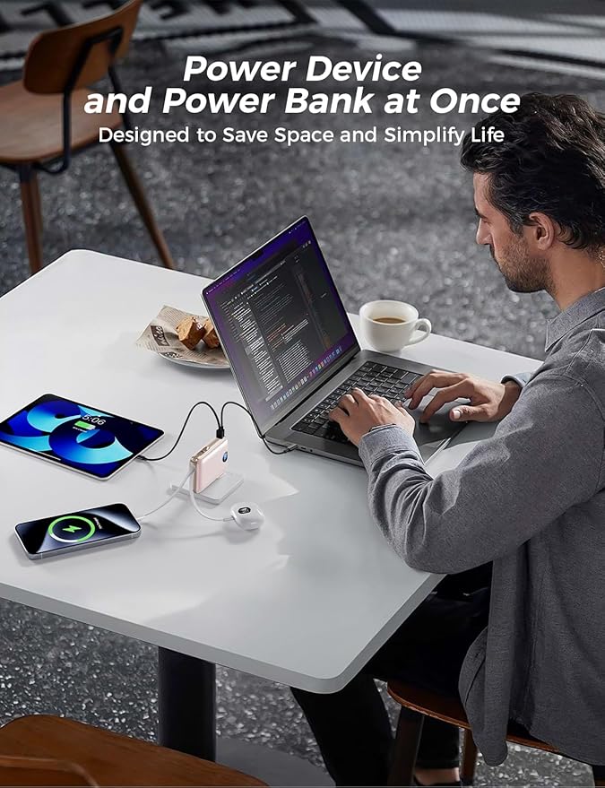 Portable Charger with Built-in Cables & Wall Plug, 10000mAh Power Bank, 4 Outputs 22.5W USB C Fast Charging, Slim Travel Battery Pack with LED Display for iPhone 17/16/15/14, Rosegold
