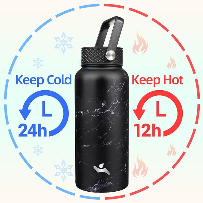 Konokyo 32 oz Insulated Water Bottle Stainless Steel Sport Bottles with 3 Lids,Marble Midnight