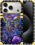 for iPhone 17 Pro Max Case Luxury Golden Decoration for Girl Women Soft TPU Shockproof Protective Hard PC Back Crazy Pattern Glistening Golden Butterfly Vibrant Purple Blue
