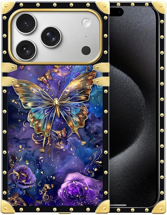 for iPhone 17 Pro Max Case Luxury Golden Decoration for Girl Women Soft TPU Shockproof Protective Hard PC Back Crazy Pattern Glistening Golden Butterfly Vibrant Purple Blue