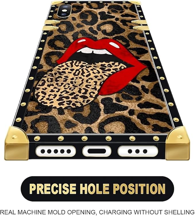 Compatible with iPhone Xs Max Case, Brown Leopard Print Mouth Luxury Golden Decoration for Girl Women Soft TPU Shockproof Protective Hard PC Back for iPhone Xs Max
