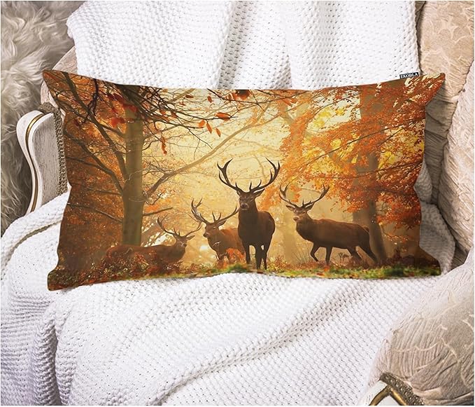 EKOBLA Decorative Lumber Cushion Case Deers Herd of Deer Stand Among The Fall Colors Jungle Trees Autumn Waist Lumbar Cotton Linen Throw Pillow Cases Cushion Cover Rectangular 12x20 Inches