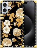 Compatible with iPhone 16 Plus Case, Blooming Rose Golden Flower Luxury Golden Decoration for Girl Women Soft TPU Shockproof Protective Hard PC Back for iPhone 16 Plus