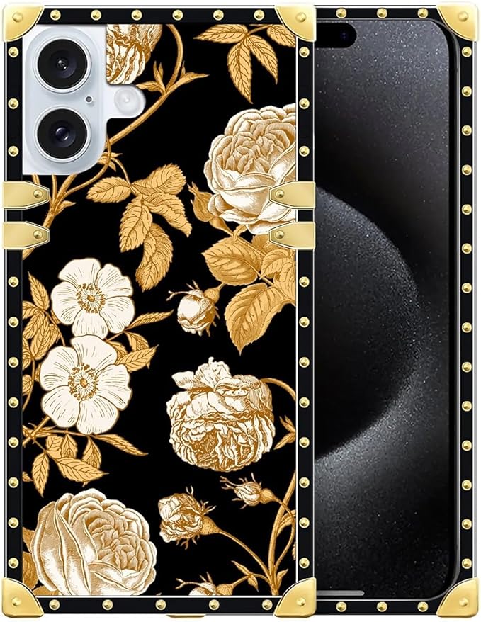 Compatible with iPhone 16 Plus Case, Blooming Rose Golden Flower Luxury Golden Decoration for Girl Women Soft TPU Shockproof Protective Hard PC Back for iPhone 16 Plus