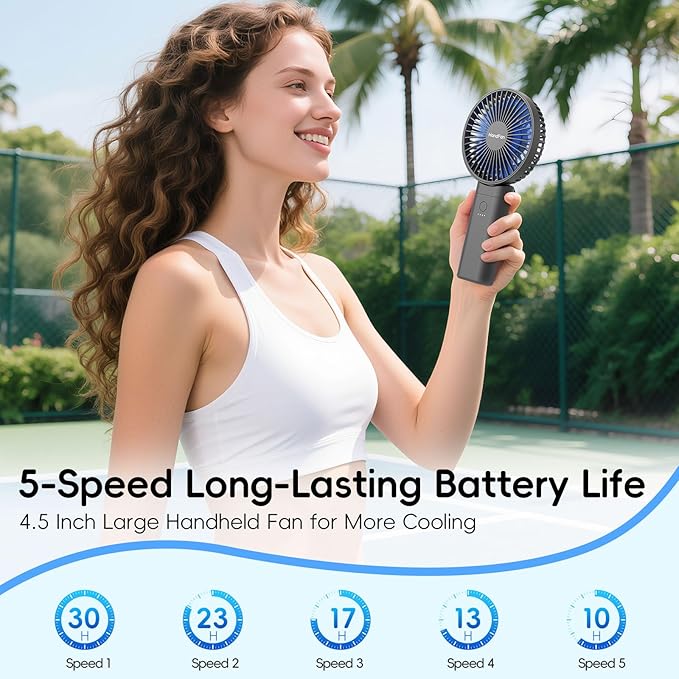 HandFan Upgraded 10,000 mAh Quiet Handheld Fan - 4.5 Inch Large Hand Held Fans Reahargeable, 180° Foldable Portable Fan [30 Working Hours] with Lanyard, Base for Disney/Travel/Concerts/Beach/Office