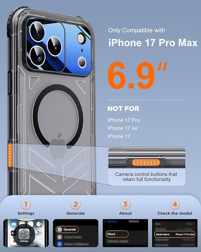 for iPhone 17 Pro Max Waterproof Case with Magsafe, Built-in [Camera & Screen Protector] [Lanyard], IP68 Water Proof Full Body Dustproof Heavy Duty Frosted Protective Phone Cover, 6.9" Black