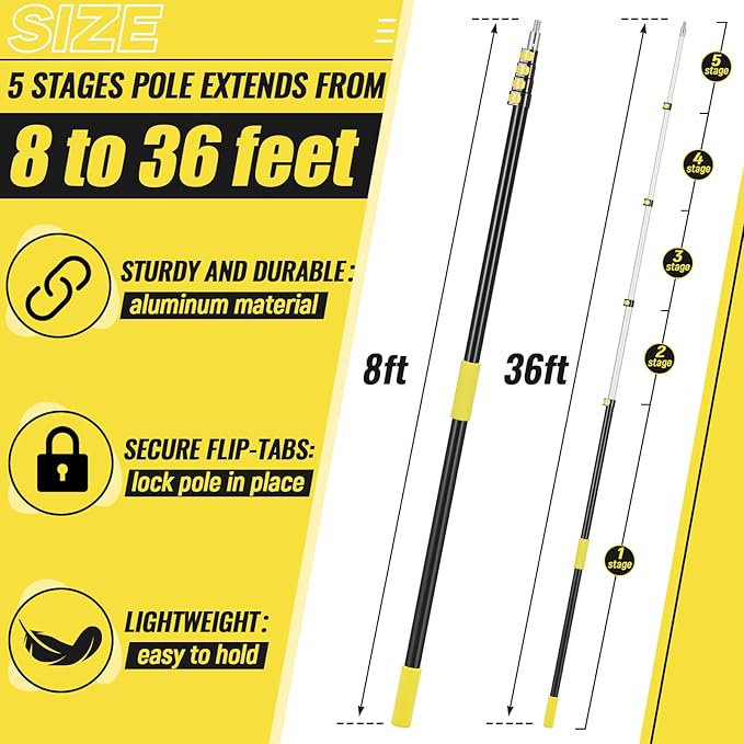 7-36 ft Telescopic Extension Pole with Utility Hook, Multi-Purpose Aluminum Pole for Painting, Dusting and New Year Window Cleaning Christmas Lights Installation Without a Ladder(Yellow)