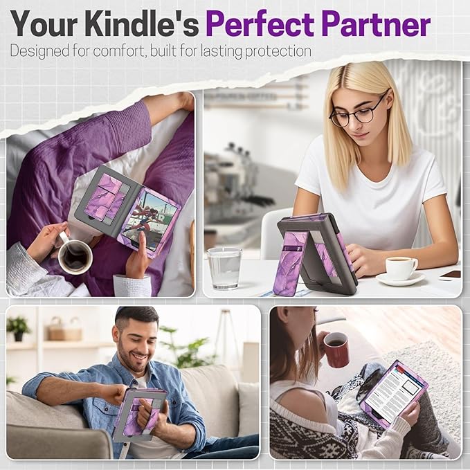 TNP Stand Case with Strap for Kindle Paperwhite 12th Gen 2024 / Kindle Colorsoft Signature Edition - 7" PU Leather Protective Folio Cover with Auto Wake/Sleep & Card Slot, Marble Purple