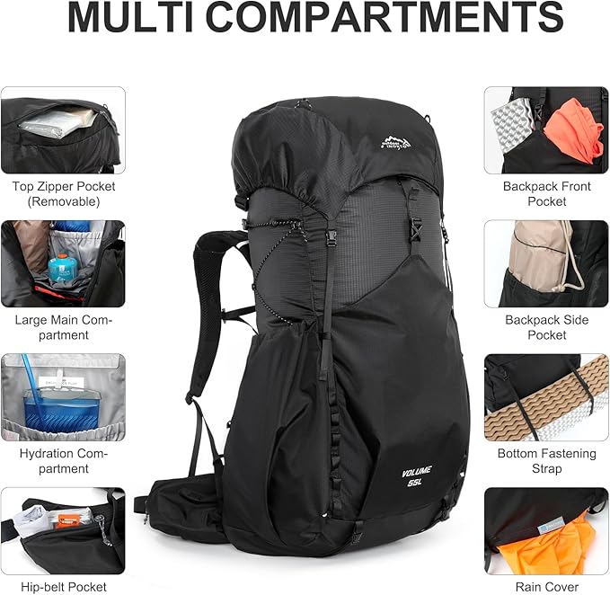 IX INOXTO 55L Internal Frame Waterproof Hiking Camping Backpack with 3L Water Bladder and Rain Cover, Large Lightweight Travel Daypack Rucksack for Climbing (Black)