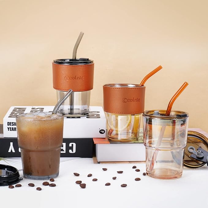 Iced Coffee Cup, 15 oz Glass Cups With Lids And Straws, Iced Coffee Glasses Tumbler, Thick Wall Mug For Tea Water With 2 Straw And Leather Sleeve, Glass Tumbler Gifts