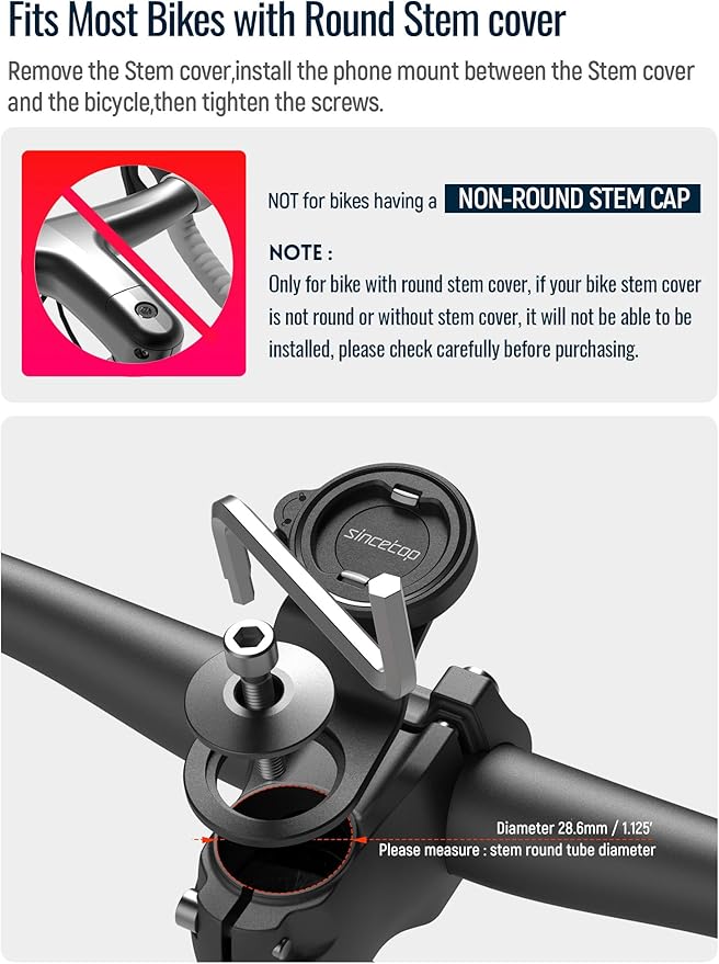 sincetop Bike Phone Mount,Mountain Bicycle Stem Phone Holder-Aluminum Handlebar Mini Phone Clip,Gravel/MTB/Road EBike Cycling Cell Phone Clamp,Quick Release Attach/Detach-Black【Series C-1st Gen】