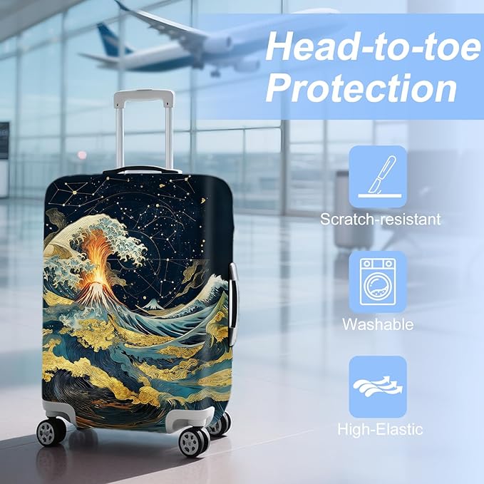 ANNA QUEEN Ocean Waves Travel Luggage Cover -Stretchable Airplane Suitcase Protector Sleeve,Universal Washable Fit for 20-22 Inch Checked Baggage,Water Resistant Durable Luggage Protector,S