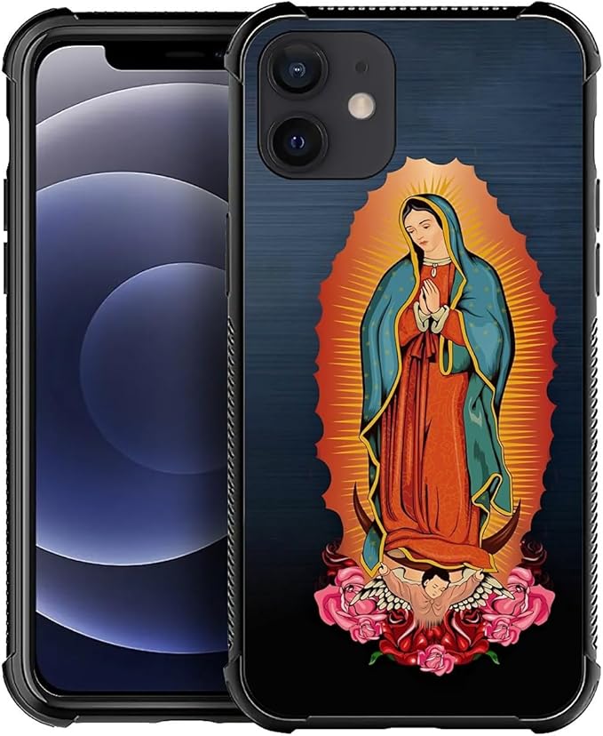 for iPhone 12/12 Pro Case, Red Virgen Guadalupe Pattern Graphic Design Girl Boy Soft Silicone Hard Acrylic Shock Protection for iPhone 12/12 Pro