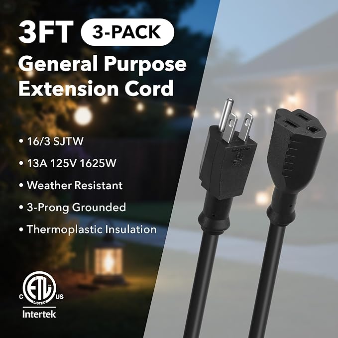 BN-LINK 3 Ft Outdoor Extension Cord 16/3 SJTW General Purpose Power Cord, 3 Prong Grounded Plug, 13-Amp, Black, for Lawn, Garden, Appliances, 3 Pack