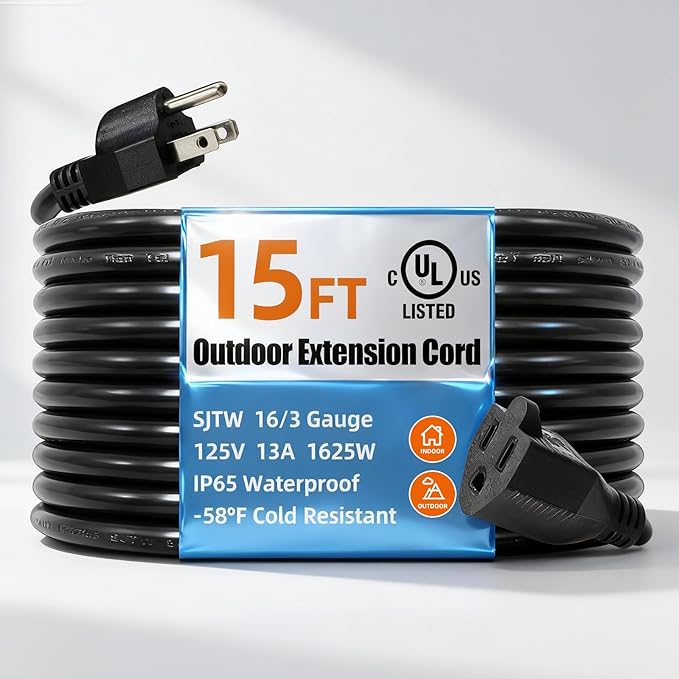 UL Listed Outdoor Extension Cord 3 Prong 15 FT SJTW 16/3 Gauge 13A 125V 1625W, Black Outdoor Extension Cord Waterproof, Flame & Cold Retardant,Water & Weather Resistant
