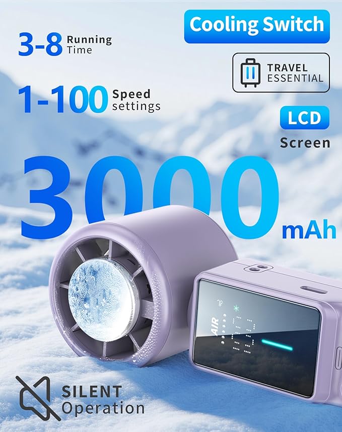 Foluu 3-in-1 Portable Cooling Fan with Active Cooling Technology, 16,000 RPM, 100-Speed Touch Control & LED Display, Type-C Fast Charge, Neck Strap & Stand – for Travel, Office, Outdoor (Purple)