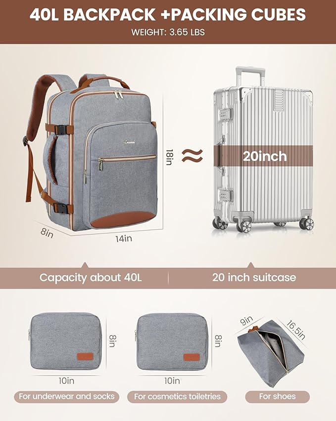 LOVEVOOK Travel Backpack for Women & Men 40L,Airline Approved Carry On Backpack Travel Essentials,TSA Carry on Luggage,Waterproof Personal Item Travel Bag,Suitcase with 3 Packing Cubes,Grey-Brown