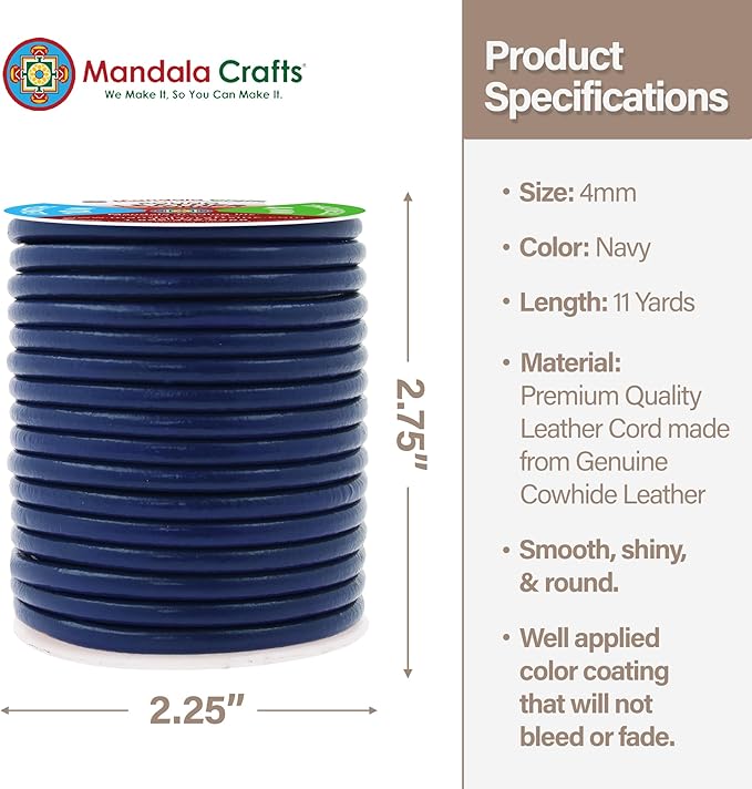 Mandala Crafts Round Genuine Navy Blue Leather Cord for Jewelry Making – 4mm Cowhide Leather Rope String Lace for Kumihimo – 11 Yards Cowhide Craft Cording Spool