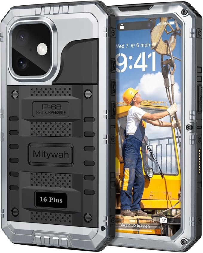 Mitywah Waterproof Case for iPhone 16 Plus, Shockproof Heavy Duty Case with Built-in Screen Protector, Underwater Full Body Protective Metal Case 6.7 inch, Silver
