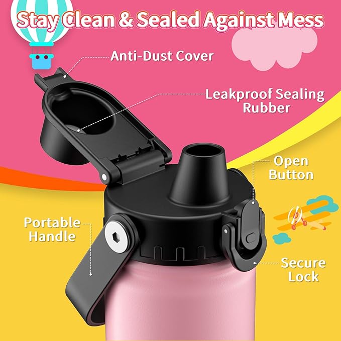 baab 18oz Kids Water Bottle, Insulated Kids Water Bottle with Lockable Spout Lid & Stickers, 18/8 Stainless Steel Vacuum Leakproof Kid Water Cup for Boy Girl School (Pink+Mint Green, 2 Pack)
