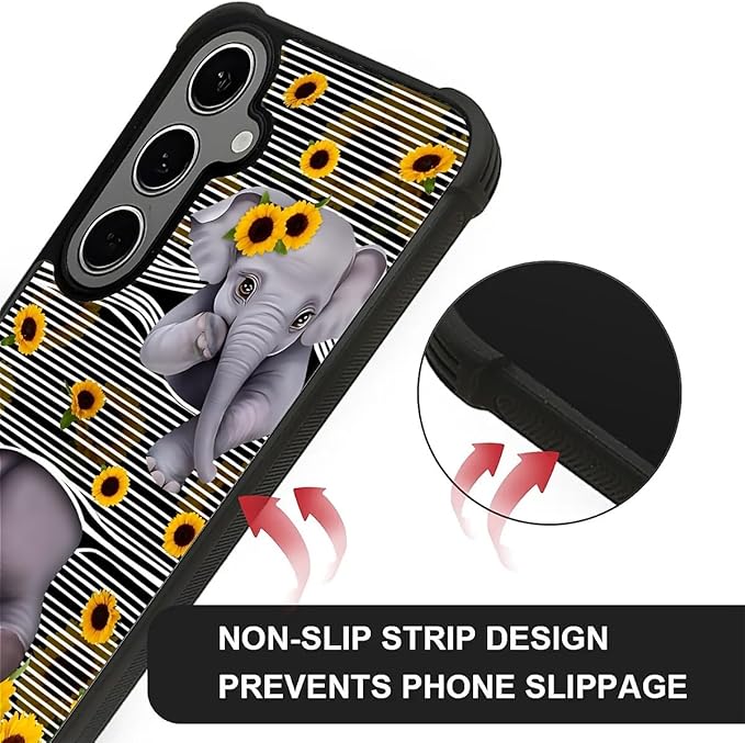 for Samsung Galaxy S24 S25 Plus Case, Cute Little Elephant Sunflower White Line Art Pattern Graphic Design Soft Silicone Hard Acrylic Shock Protection for Samsung Galaxy S24 S25 Plus