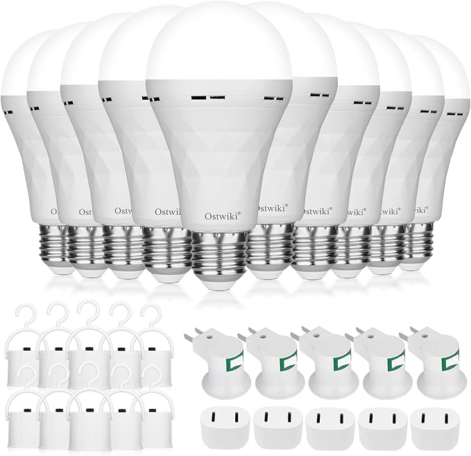 Ostwiki 10 Pack Rechargeable Emergency Light Bulbs,Battery Operated Backup Light Bulb for Power Outage Camping Outdoor Hurricane 9W E27 8500K 1200mAh White Self-Charging LED Light Bulbs