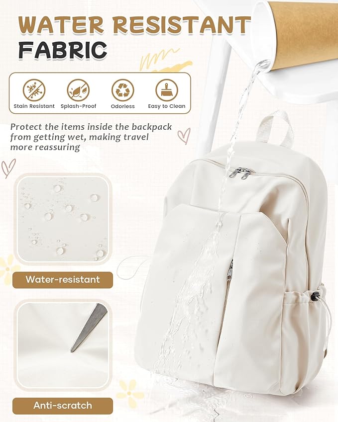 SEAFEW Beige School Backpack for Girls Women Waterproof High School Book Bag Cute Backpack for Men Teens Boys, Lightweight Simple Middle School Back Pack Daypack