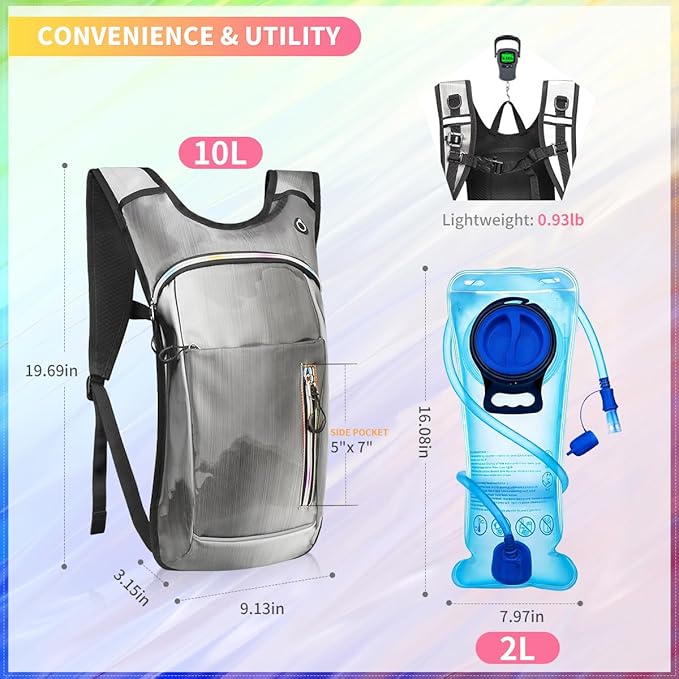 Hydration Backpack, Water Backpack with 2L Hydration Bladder, Rave Backpack Hydration Pack, Festival Essential for Raves, Hiking, Cycling, Climbing, Running, Outdoor, Camping and More