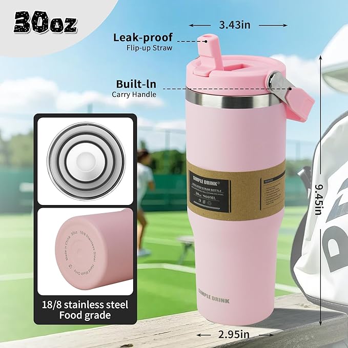 30oz Flip Straw Insulated Tumbler with Handle, Leak Proof Stainless Steel Water Bottle, Double Wall Vacuum Travel Coffee Mug for Cold Drinks, Gym Office Travel Essentials