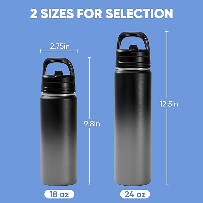 Fijinhom 18oz Insulated Stainless Steel Water Bottle with Straws, Double Wall Vacuum Insulated Bottles, Metal Thermo for Travel, Sports, Leak-Proof, BPA Free, Women & Men, Grey Gradient