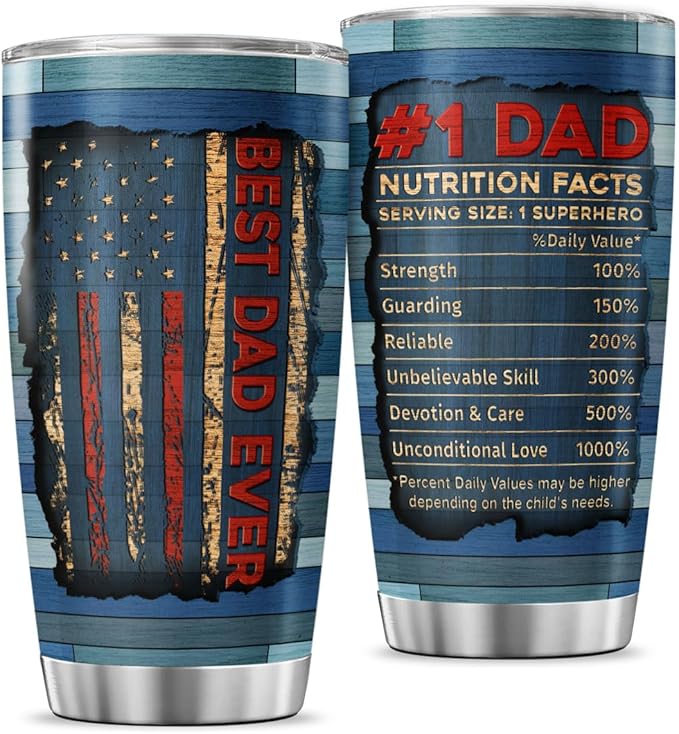 Funny Nutrition Facts Mug for Dad with Rustic USA Design, 20oz Stainless Steel Insulated Tumbler, Patriotic Gift for Father's Day, Birthday, Husband, Grandpa, Travel Use
