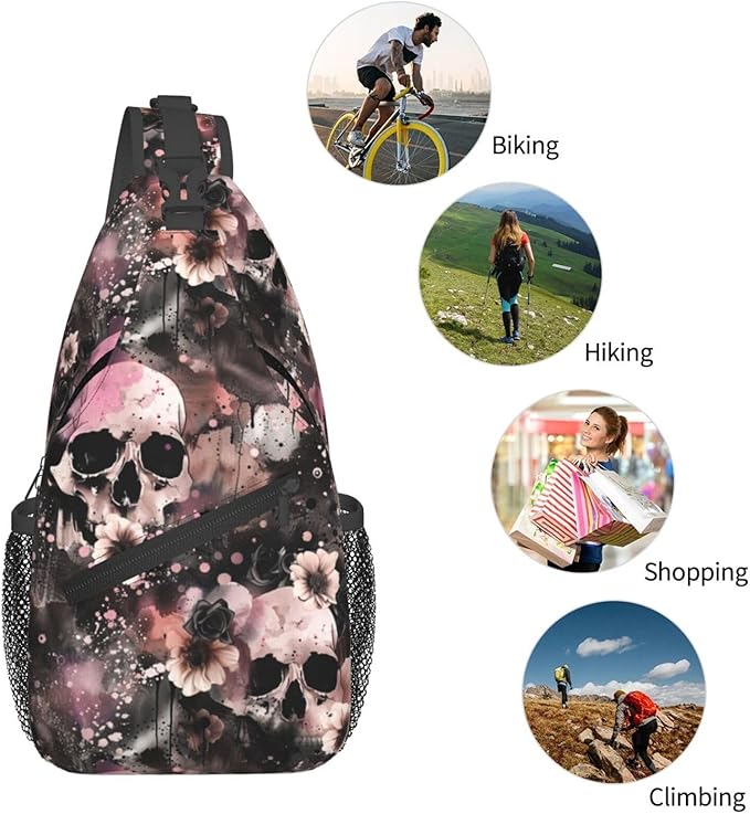 Flowers And Skulls Sling Bag For Women Men Halloween Backpack Crossbody Skull Shoulder Bag Sling Backpack Chest Bag Travel Hiking Casual Sport Daypack