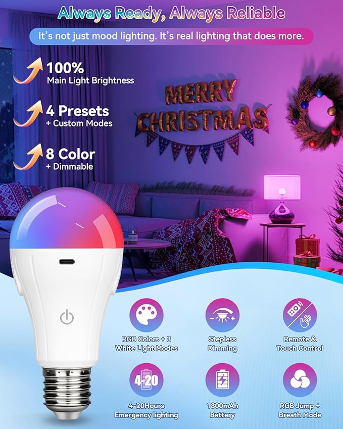 RGB WirelessGlow Rechargeable Light Bulbs with Remote, 8 Color & Dimmable Battery Operated Light Bulb with Memory Mode, 2 Timer, Cordless E26 Bulb for Wall Sconce, Nursery, Power Outage, Closet,1PK