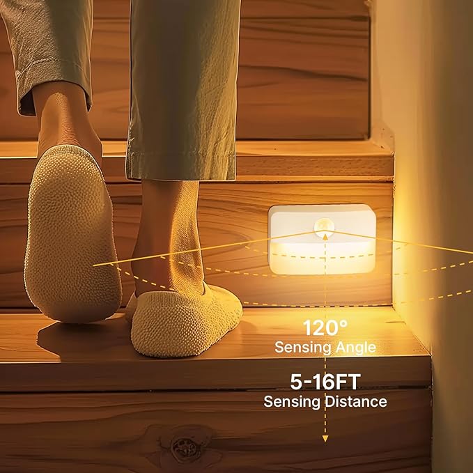 Guankai 3 Pack Motion Sensor Stair Light for Indoor, Battery Operated Closet Lights, Wireless Stick on Anywhere Hallway Lamp, Portable Led Night Lamps for Bedroom Under Cabinet Kitchen