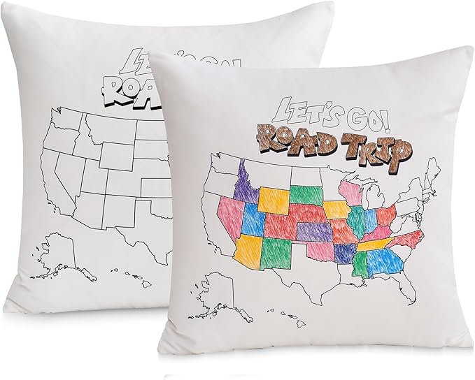Let's go a Road Trip USA Map Coloring Pillowcase with 12 Fabric Markers, Set of 2, DIY Color 50 US States Visited Map Travel Tracker Pillow sham Cover case for Adventure RV Camper（18x18 inch）