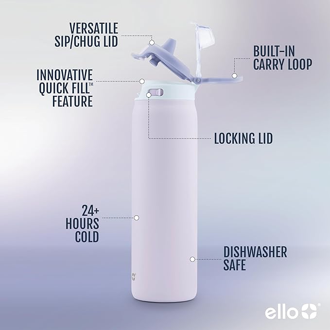 Ello Pop & Fill 22oz Stainless Steel Water Bottle with Quick Fill Technology, Double Walled and Vacuum Insulated Metal, Leak Proof Locking Lid, Sip and Chug, Reusable, BPA Free, Aurora