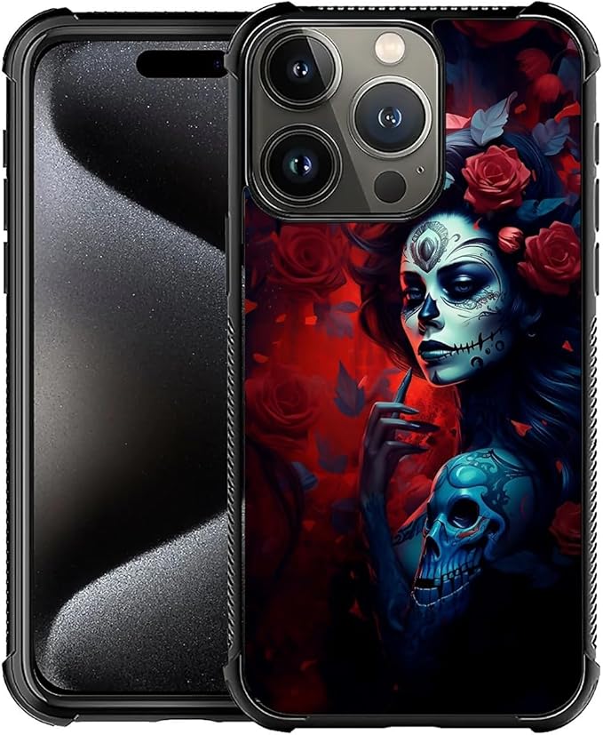 for iPhone 16 Pro Max Case, Skull Lady Rose Pattern Graphic Design Girl Boy Soft Silicone Hard Acrylic Shock Protection for iPhone 16 Pro Max